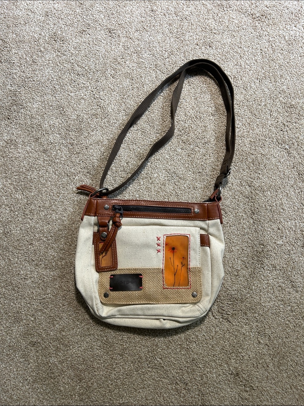 Sherpani Cream Canvas Shoulder Bag with Brown Trim